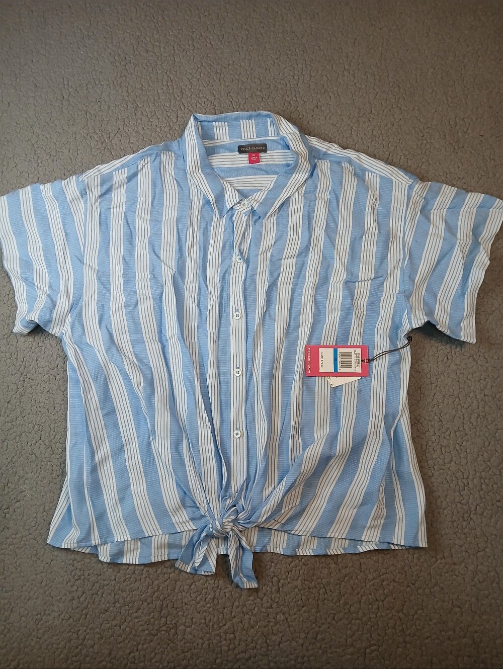 Vince Camuto Womens Blouse XL Short Sleeve Button-up White Blue Tie Bottom